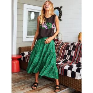 Xirena Iris Green Grass Tiered Cotton Blend Midi Skirt Small